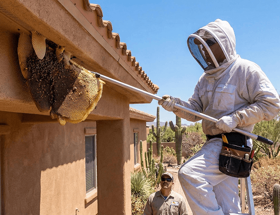 A beekeeper in a protective suit removing a bee colony from a Phoenix roofline