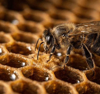 Honey bees on honeycomb inside a hive