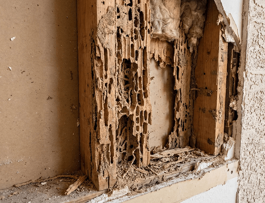 Termite damage exposed inside the wood framing of a Phoenix wall