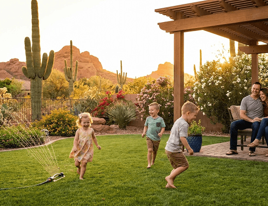 Children running through a sprinkler on a treated Phoenix backyard lawn