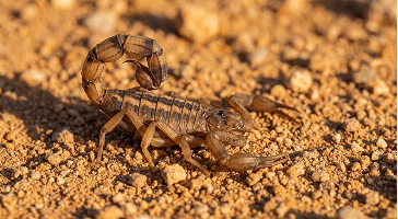 Close-up of a stripe-tailed scorpion on desert sand