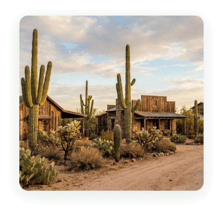 Saguaro cactus and historic wooden buildings on a Cave Creek desert road