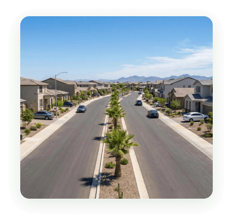 A wide palm-lined road in Chandler, Arizona