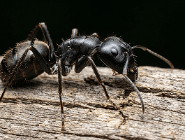 Close-up of a carpenter ant on a weathered log
