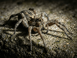 Close-up of a wolf spider on desert ground