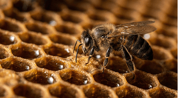 Close-up of an Africanized honey bee on honeycomb
