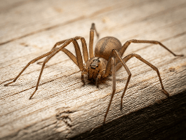 Close-up of a desert recluse spider on weathered wood