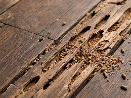 Close-up of termite damage and frass in weathered wood