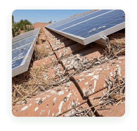 Pigeon droppings and nesting debris under rooftop solar panels