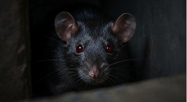 A roof rat peering out from a dark space