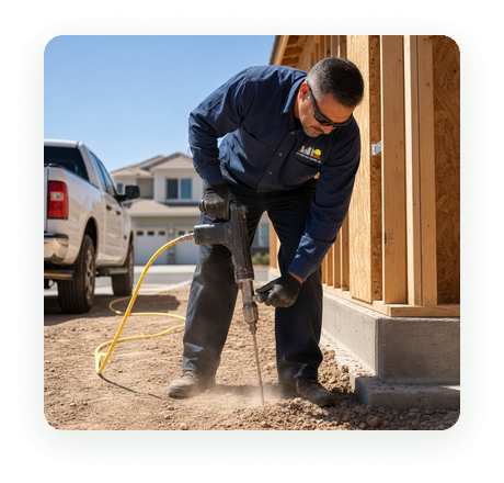 City Wide Pest Control technician drilling a builder termite pretreatment along a new foundation