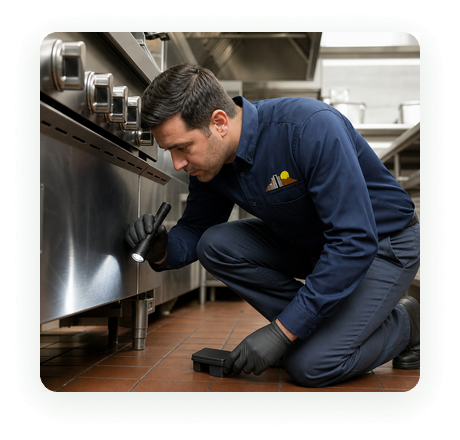 City Wide Pest Control technician inspecting under commercial kitchen equipment