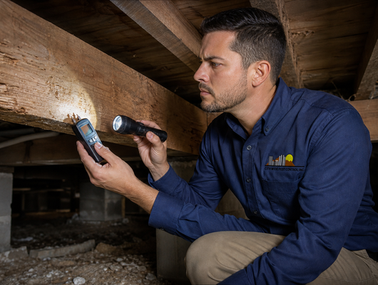 City Wide Pest Control inspector checking sub-floor timber with a moisture meter
