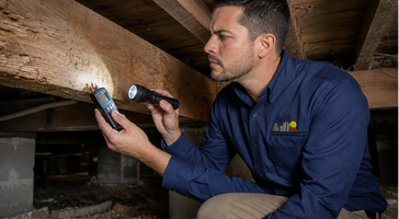 City Wide Pest Control inspector checking sub-floor timber with a moisture meter