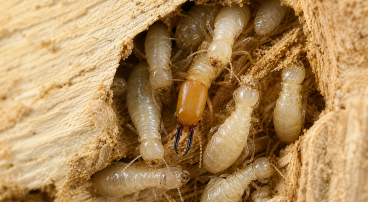 Desert subterranean termite (Heterotermes aureus) soldier and workers inside a wood gallery
