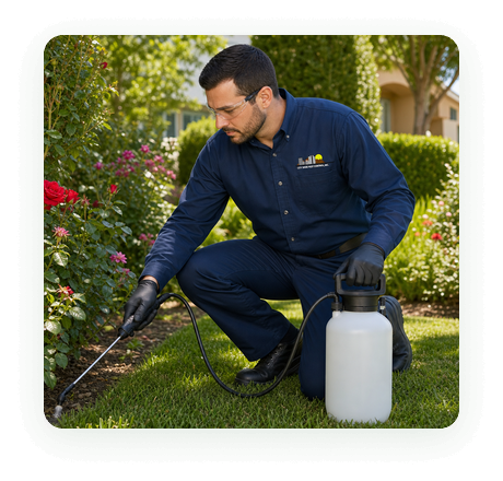 City Wide Pest Control technician spot-treating a garden bed with an eco-friendly, family-safe treatment