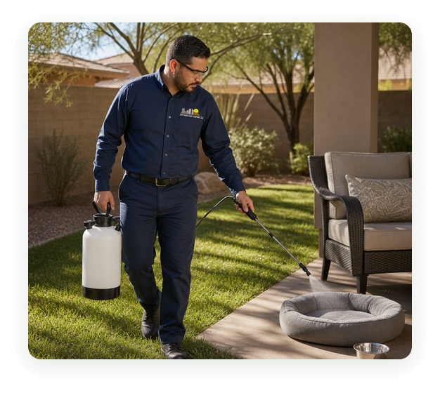 City Wide Pest Control technician applying a flea treatment to a shaded Phoenix backyard