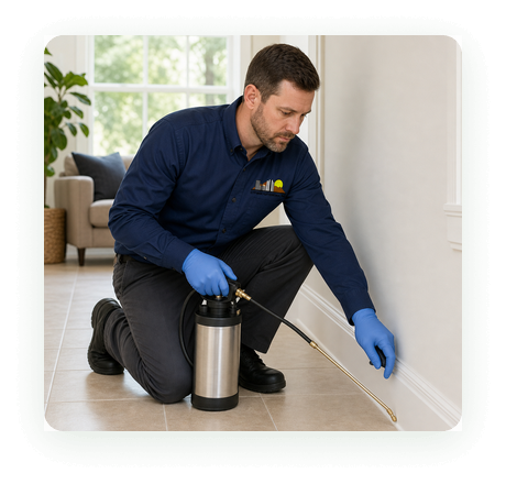 City Wide Pest Control technician treating an interior baseboard with a crack-and-crevice application