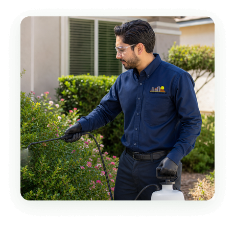 City Wide Pest Control technician applying an integrated pest management treatment to garden shrubs