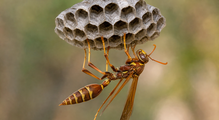 Paper wasp (Polistes) on the open hexagonal comb of its paper nest