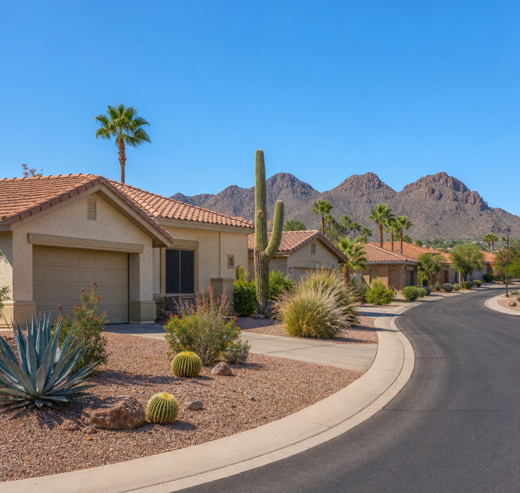 Residential street in Peoria, Arizona with desert landscaping and tile-roof homes