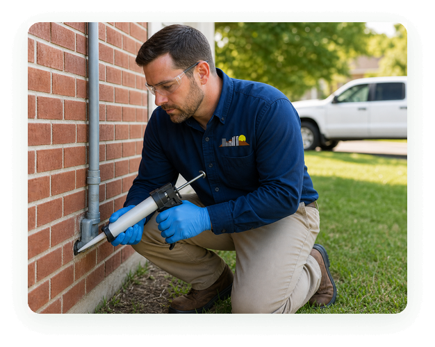 City Wide Pest Control technician sealing a rodent entry point in an exterior wall