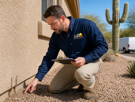 City Wide Pest Control inspector checking a foundation slab line for termite mud tubes