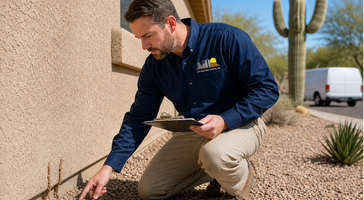 City Wide Pest Control inspector checking a foundation slab line for termite mud tubes