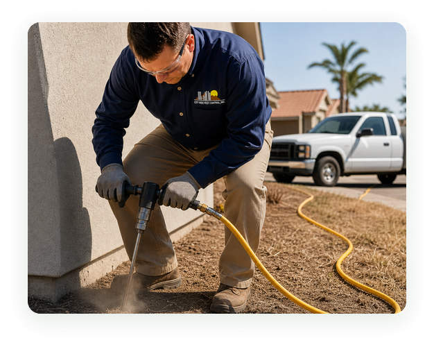 City Wide Pest Control technician applying a termite soil treatment along a home foundation
