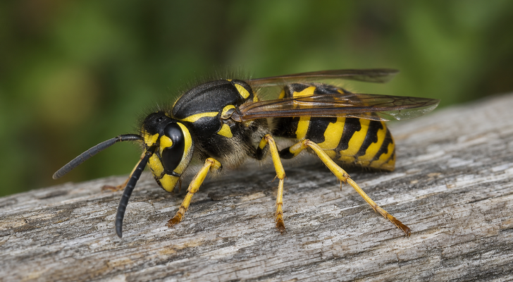 Western yellowjacket (Vespula pensylvanica), black and yellow banded wasp on weathered wood