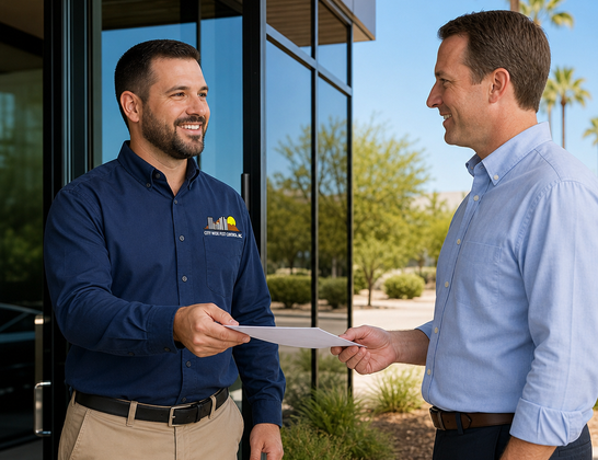 City Wide Pest Control technician handing a service report to a Phoenix business owner