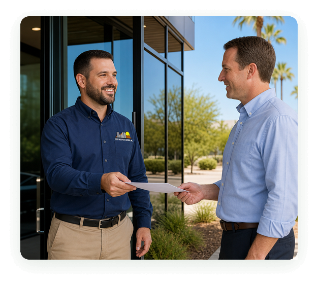 City Wide Pest Control technician handing a service report to a Phoenix business owner