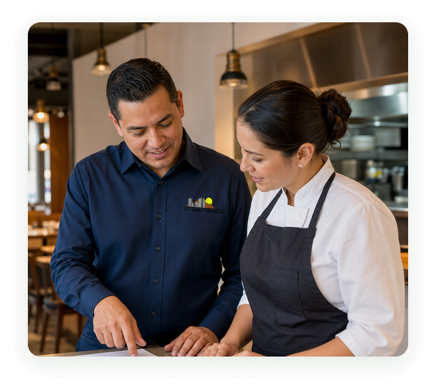 City Wide Pest Control technician reviewing a pest control service log with a restaurant owner