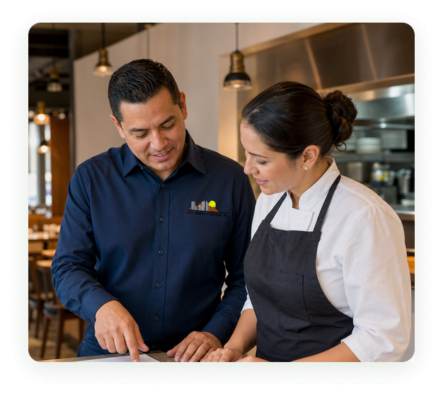 City Wide Pest Control technician reviewing a pest control service log with a restaurant owner