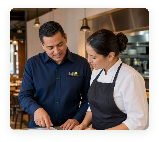City Wide Pest Control technician reviewing a pest control service log with a restaurant owner