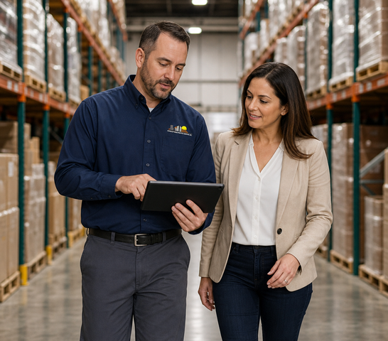 City Wide Pest Control technician reviewing a commercial service log with a Phoenix facility manager