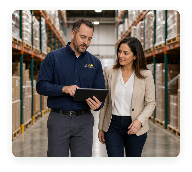 City Wide Pest Control technician reviewing a commercial service log with a Phoenix facility manager