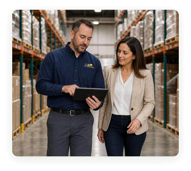 City Wide Pest Control technician reviewing a commercial service log with a Phoenix facility manager