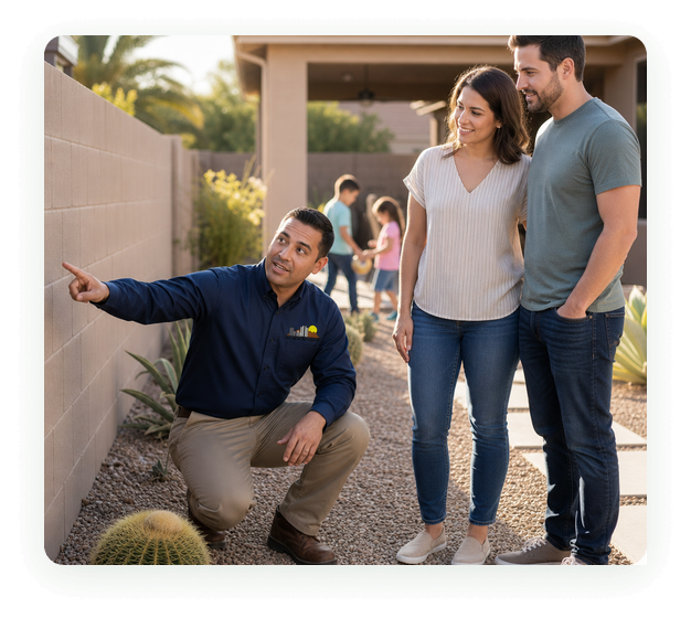 City Wide Pest Control technician showing a Phoenix family where he will treat their backyard