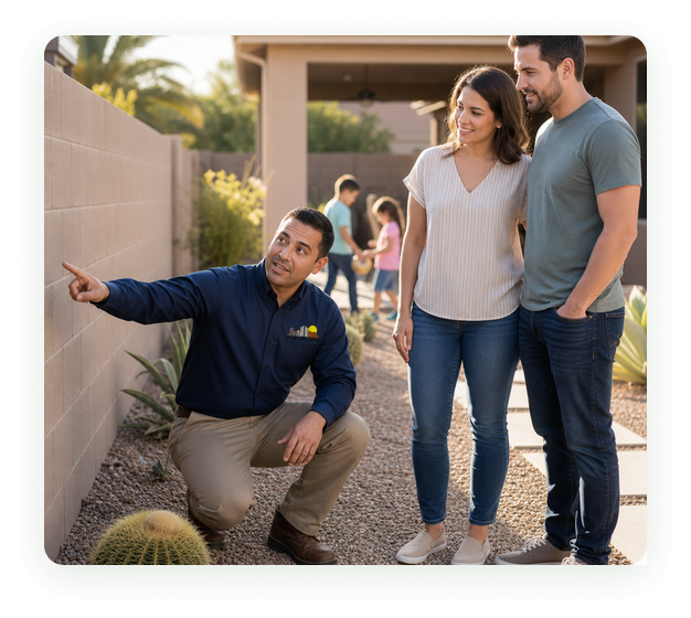 City Wide Pest Control technician showing a Phoenix family where he will treat their backyard
