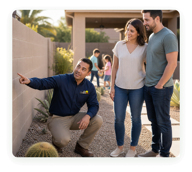 City Wide Pest Control technician showing a Phoenix family where he will treat their backyard
