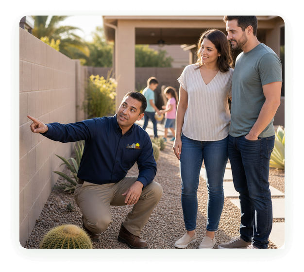 City Wide Pest Control technician showing a Phoenix family where he will treat their backyard