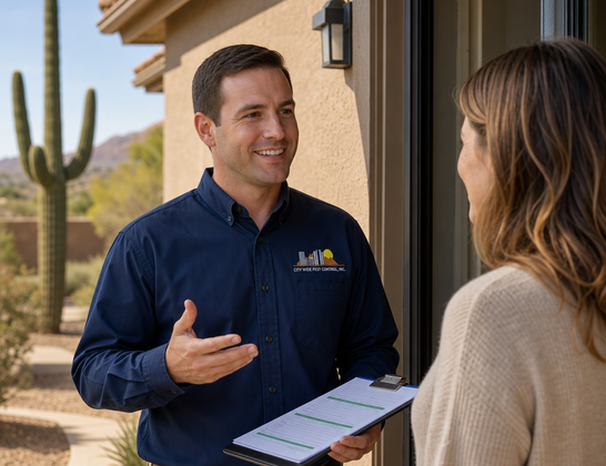 City Wide Pest Control technician reviewing a residential pest control plan with a Phoenix homeowner