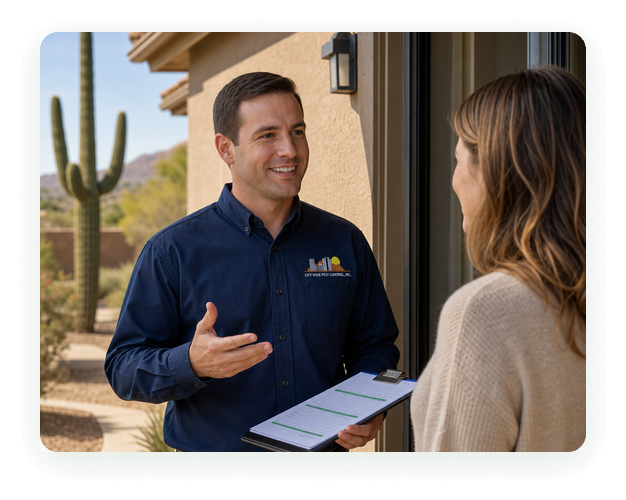 City Wide Pest Control technician reviewing a residential pest control plan with a Phoenix homeowner