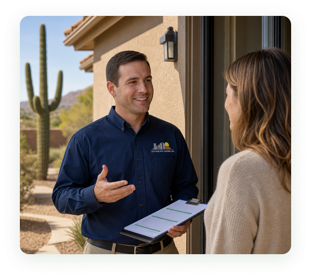 City Wide Pest Control technician reviewing a residential pest control plan with a Phoenix homeowner