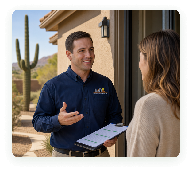 City Wide Pest Control technician reviewing a residential pest control plan with a Phoenix homeowner