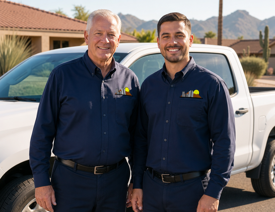 Two City Wide Pest Control technicians beside a service truck in a Phoenix neighborhood