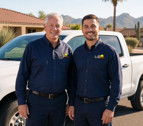 Two City Wide Pest Control technicians beside a service truck in a Phoenix neighborhood