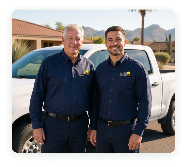 Two City Wide Pest Control technicians beside a service truck in a Phoenix neighborhood