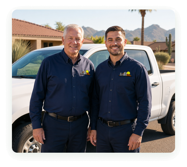 Two City Wide Pest Control technicians beside a service truck in a Phoenix neighborhood